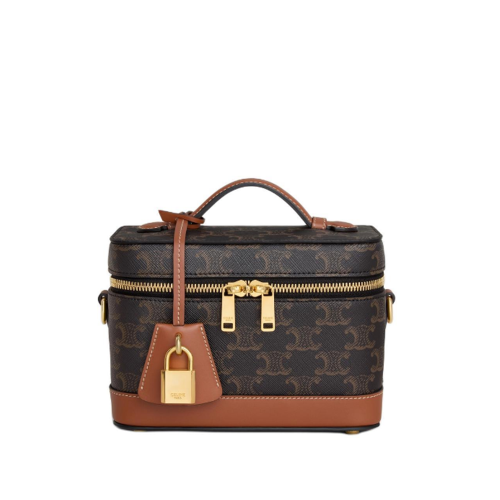 Celine Vanity Case in Triomphe Canvas and Calfskin Tan