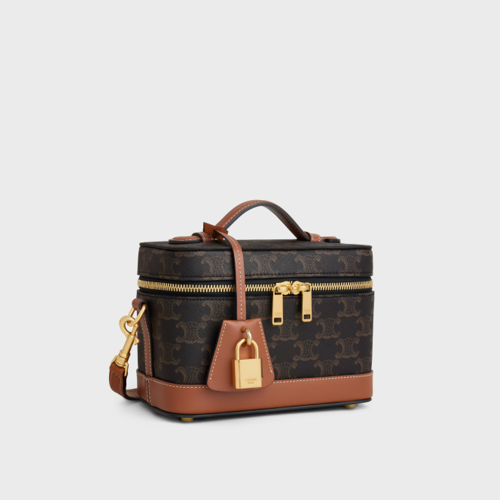 Celine Vanity Case in Triomphe Canvas and Calfskin Tan