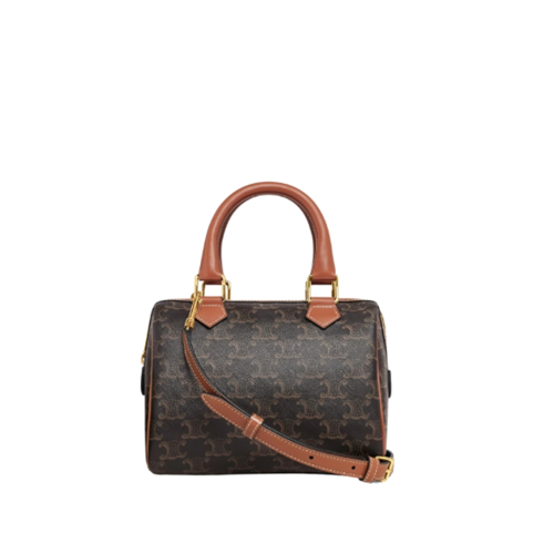 Celine Small Boston Bag In Triomphe Canvas And Calfskin