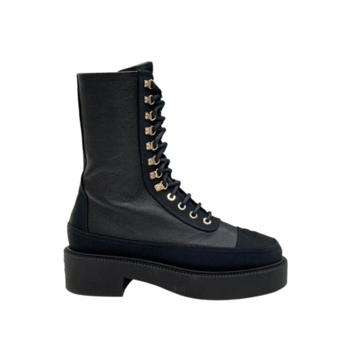 CHANEL Black Lace Up CC Logo Boots