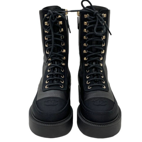 CHANEL Black Lace Up CC Logo Boots