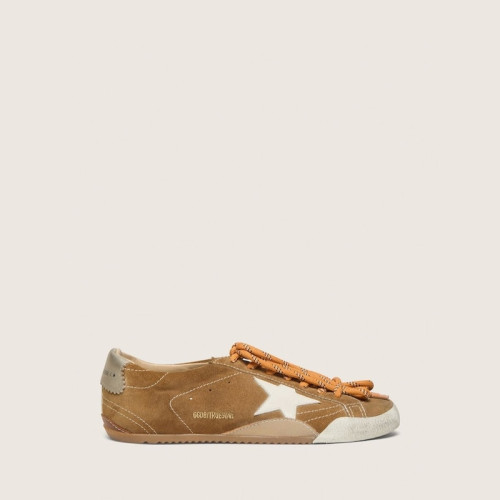 Golden Goose Womens True-Star in tobacco-colored suede with white star and platinum heel tab