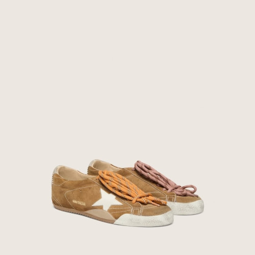Golden Goose Womens True-Star in tobacco-colored suede with white star and platinum heel tab