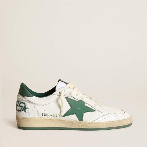 Golden Goose Mens Ball Star in white nappa leather with green leather star and heel tab