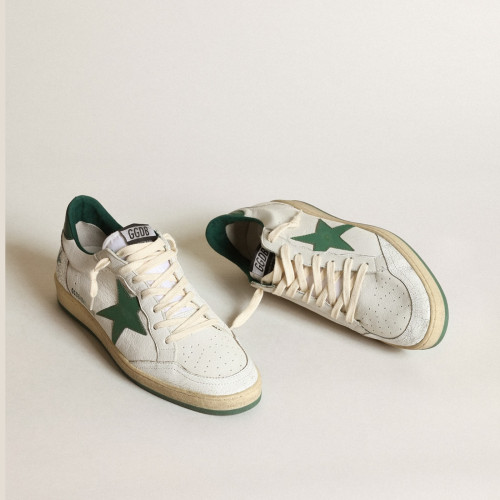 Golden Goose Mens Ball Star in white nappa leather with green leather star and heel tab