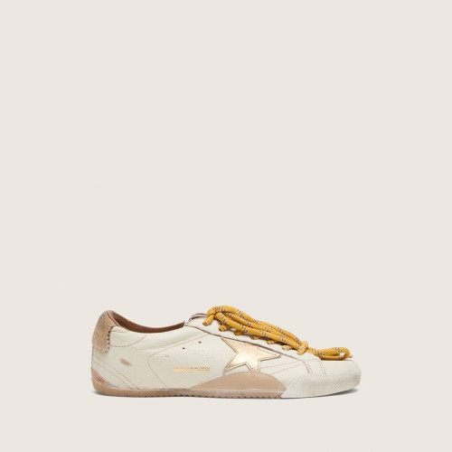 Golden Goose Womens True-Star in white nappa leather with gold star and beige suede heel tab