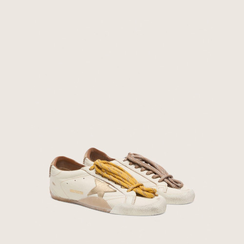 Golden Goose Womens True-Star in white nappa leather with gold star and beige suede heel tab