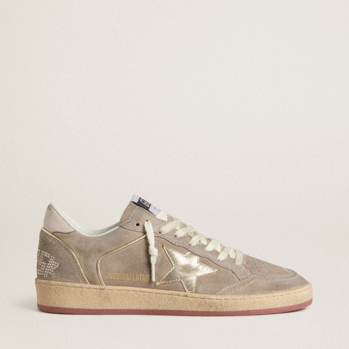 Golden Goose Womens Ball Star in beige suede with gold metallic leather star and bead lettering