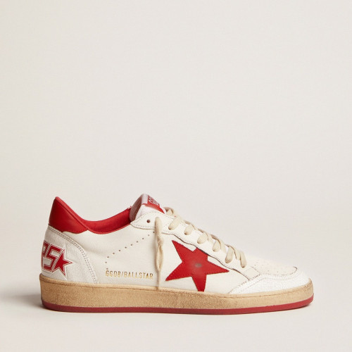 Golden Goose Womens Ball Star in white leather with red star and heel tab