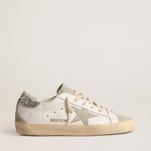 Golden Goose Womens Super-Star with gray star and silver glitter heel tab