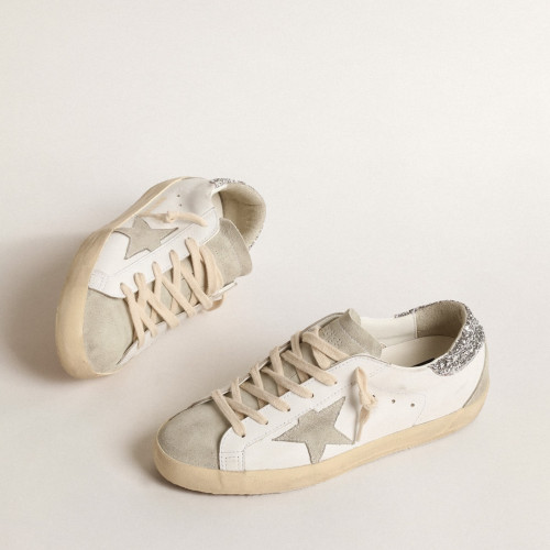 Golden Goose Womens Super-Star with gray star and silver glitter heel tab
