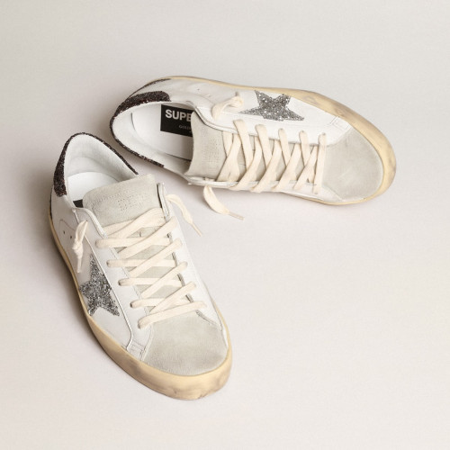 Golden Goose Womens Super-Star with silver star and brown glitter heel tab