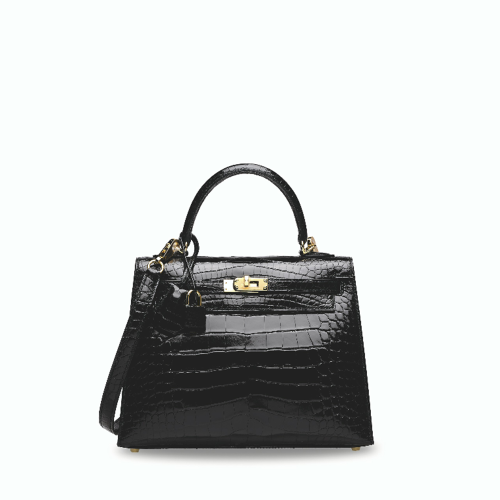 Hermes Kelly 25 Noir Glossy Alligator Gold
