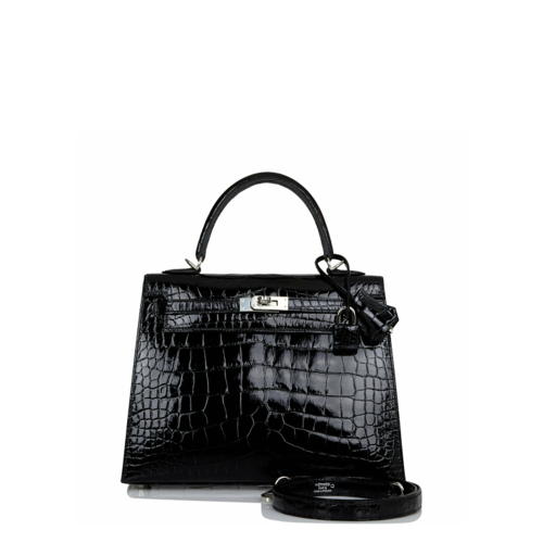 Hermes Kelly 25 Noir Glossy Alligator Silver