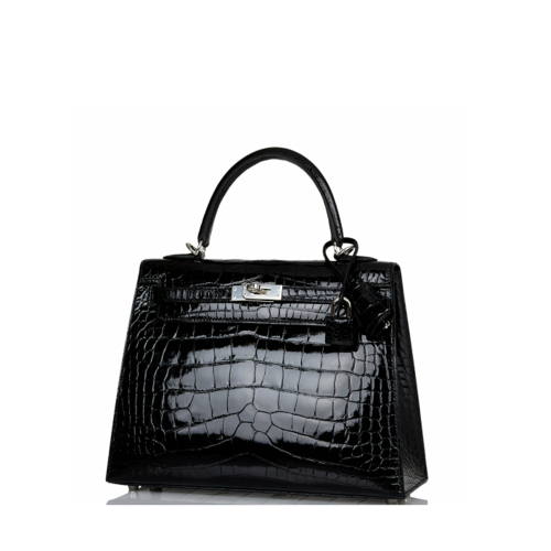 Hermes Kelly 25 Noir Glossy Alligator Silver