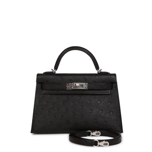 Hermes Kelly II Mini Ostrich Noir Silver