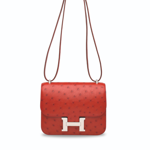 Hermes Constance 19 Ostrich Rouge Casaque Silver