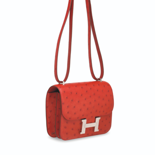 Hermes Constance 19 Ostrich Rouge Casaque Silver