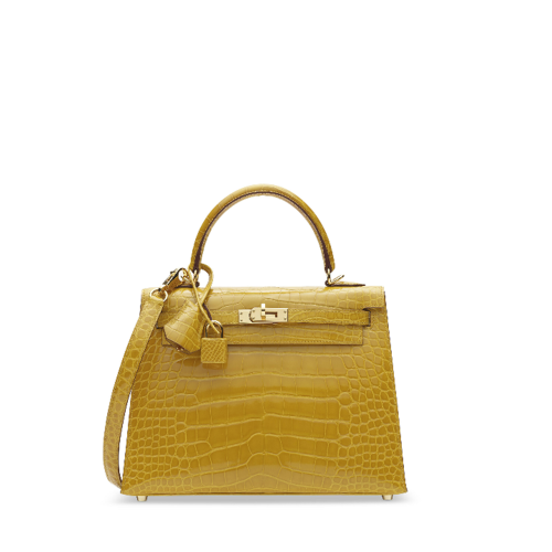 Hermes Kelly 25 Glossy Porosus Jaune Ambre Gold