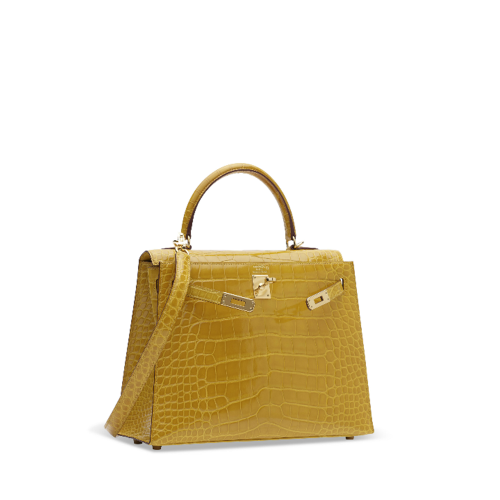 Hermes Kelly 25 Glossy Porosus Jaune Ambre Gold