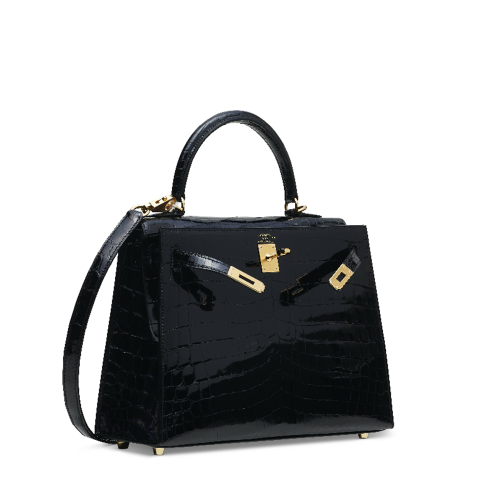 Hermes Kelly 25 Glossy Nile Crocodile Noir Gold