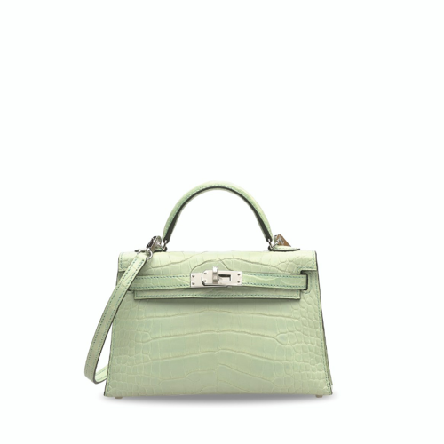 Hermes Kelly II Mini Matte Alligator Vert fizz Silver