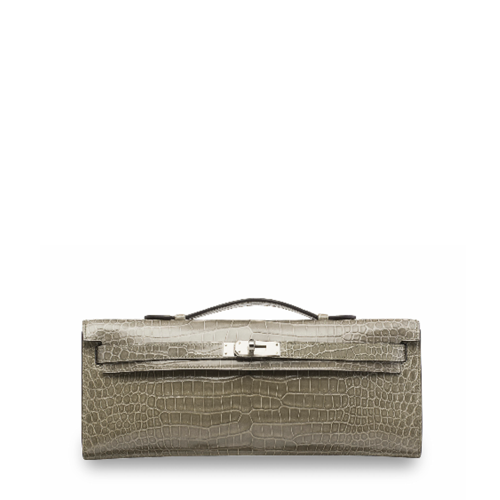 Hermes Kelly cut Porosus Gris Tourterelle Silver
