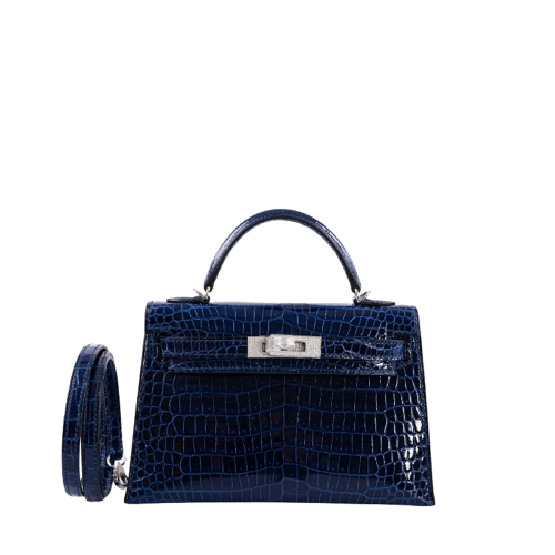 Hermes Mini Kelly II Porosus Blue Sapphire Silver