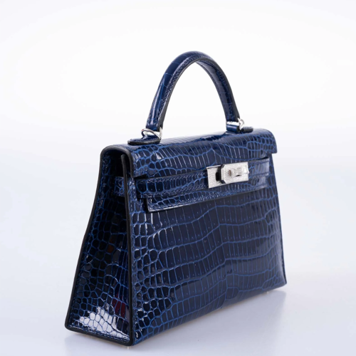 Hermes Mini Kelly II Porosus Blue Sapphire Silver