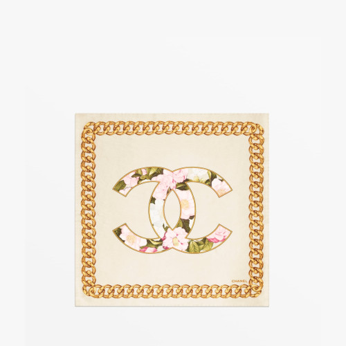 CHANEL MINI BANDANA Silk Satin Light Beige Multicolor & Golden