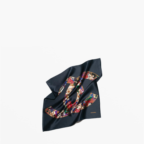 CHANEL MINI BANDANA Silk Satin Navy Blue Golden & Multicolor