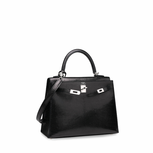 Hermes Kelly 25 Lizard Noir Silver