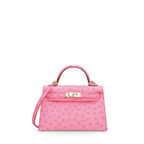 Hermes Mini Kelly II Ostrich Bubblegum Silver