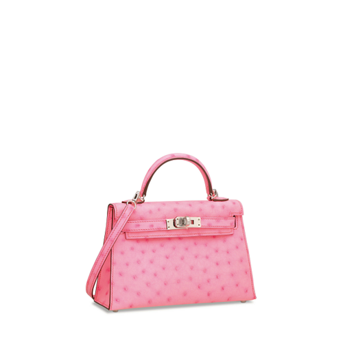 Hermes Mini Kelly II Ostrich Bubblegum Silver
