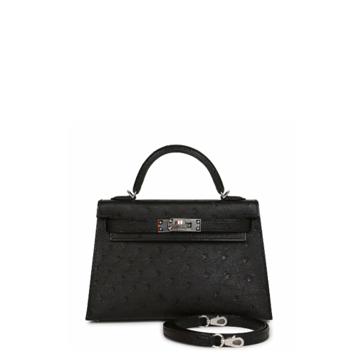 Hermes Mini Kelly II Ostrich Noir Silver