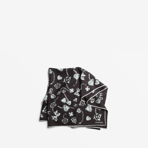 CHANEL SQUARE SCARF Silk Twill Black & White