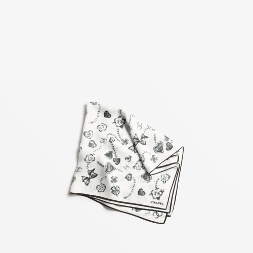 CHANEL SQUARE SCARF Silk Twill White & Black
