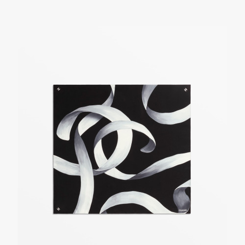CHANEL SQUARE SCARF Silk Twill Black White & Gray