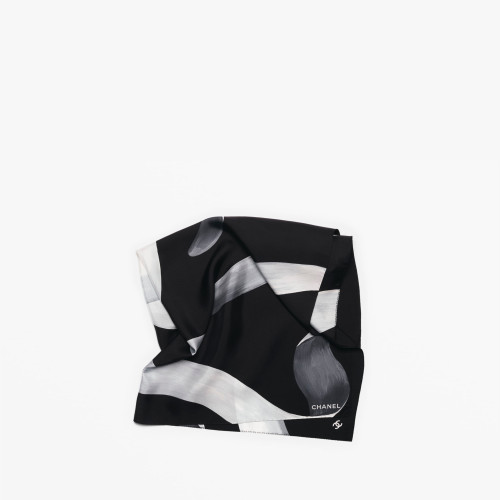 CHANEL SQUARE SCARF Silk Twill Black White & Gray