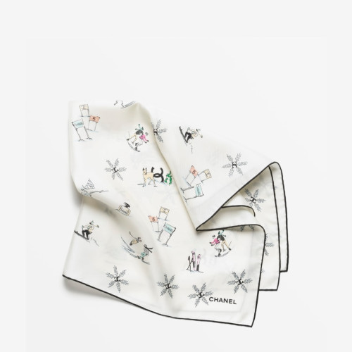 CHANEL COCO NEIGE 2025/26 COLLECTION BANDANA Silk Twill Ecru Multicolor & Black