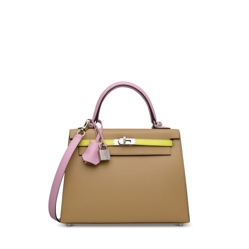 Hermes Kelly 25 Epsom Chai Mauve Sylvestre Lime Silver