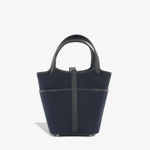 Hermes Picotin Lock Pocket 18 Canvas Swift Bleu Nuit Silver