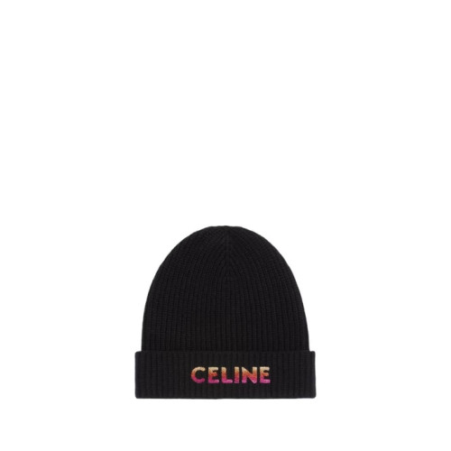 Celine Embroidered Beanie in Ribbed Wool Black