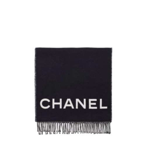 CHANEL cc logo fringe trim wool and cashmere fleece scarf