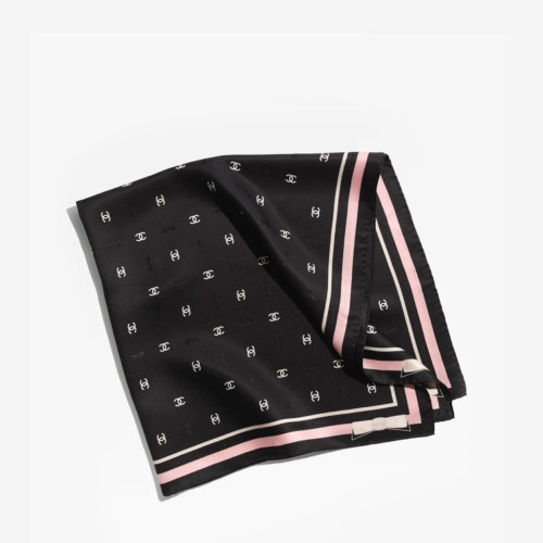 CHANEL Square Scarf Jacquard Silk Twill & Black Ecru Pink