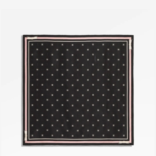 CHANEL Square Scarf Jacquard Silk Twill & Black Ecru Pink