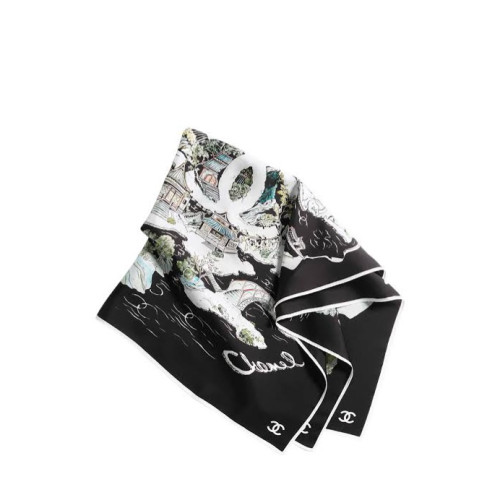 CHANEL Square Scarf Silk Twill & Black Multicolor White